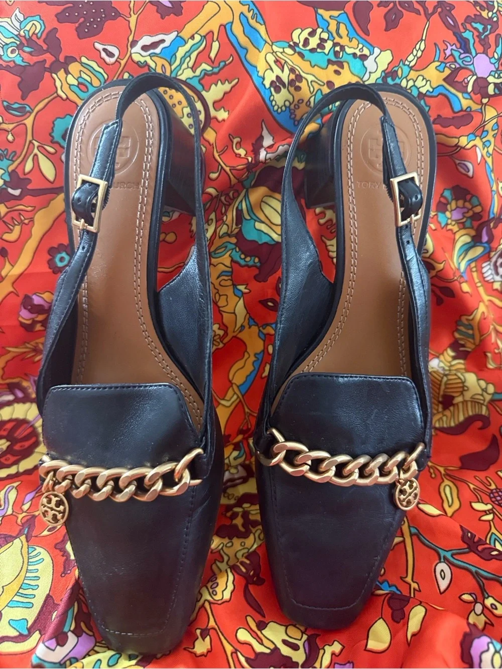 Tory Burch Black Leather Slingback Mules with Gold Chain Accent